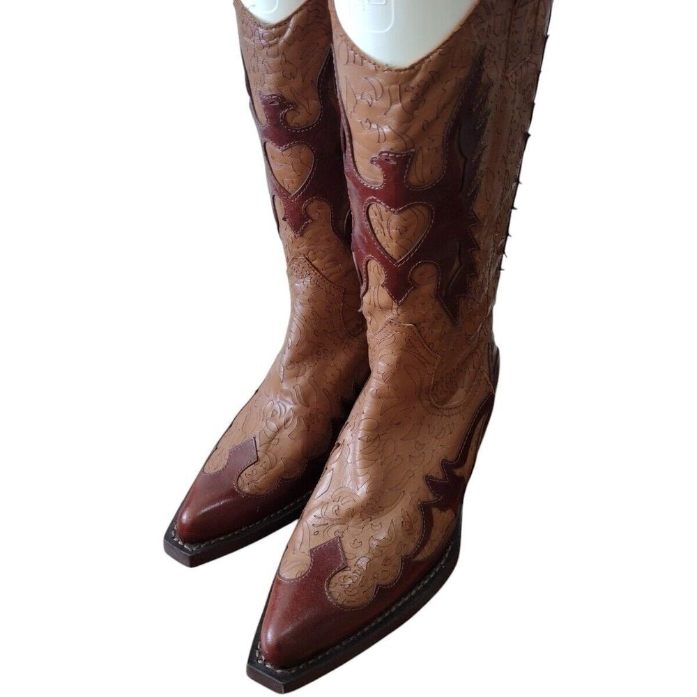 Women's Brown Western Cowboy Square Toe Textured Design Boots Eagles 6.5/37